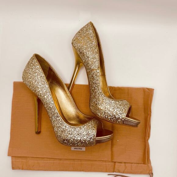 Miu Miu peep toe Gold Glitter Party Pump size EU 40 - Picture 9 of 15